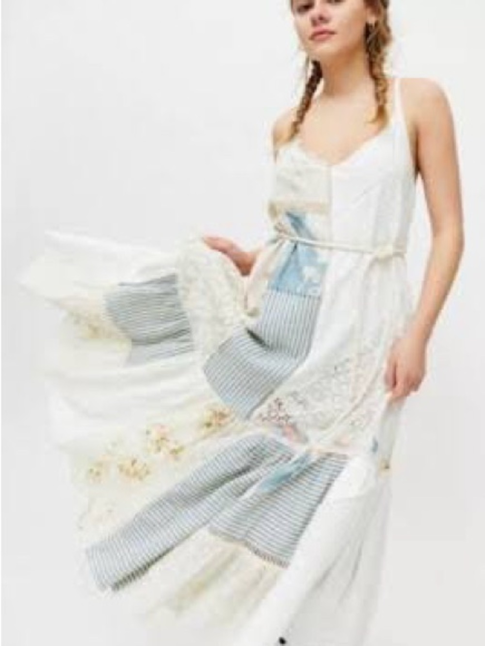 NWOT Stunning Kimchi Blue Maxi Dress with Blue Patchwork, Print and Lace